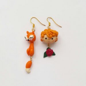 Hand‑Crafted Polymer Clay Little Prince & Fox Asymmetric Earrings – Whimsical Storybook Dangle Pair