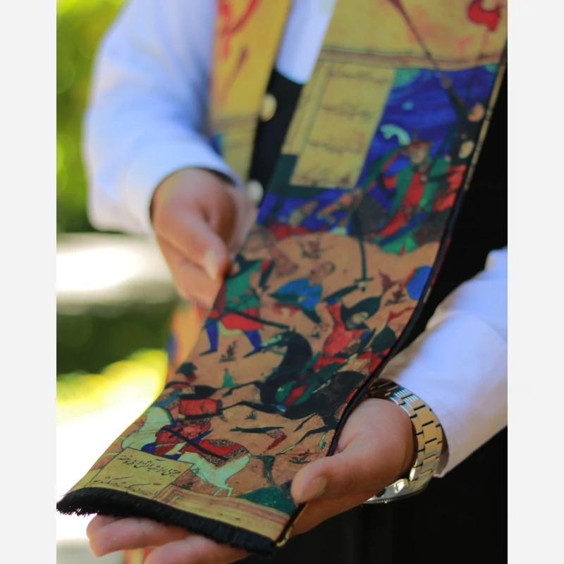 Luxurious Four-Season Silk Velvet Scarf Featuring Shahnameh Legends – Traditional Persian Calligraphy and Timeless Design for Men