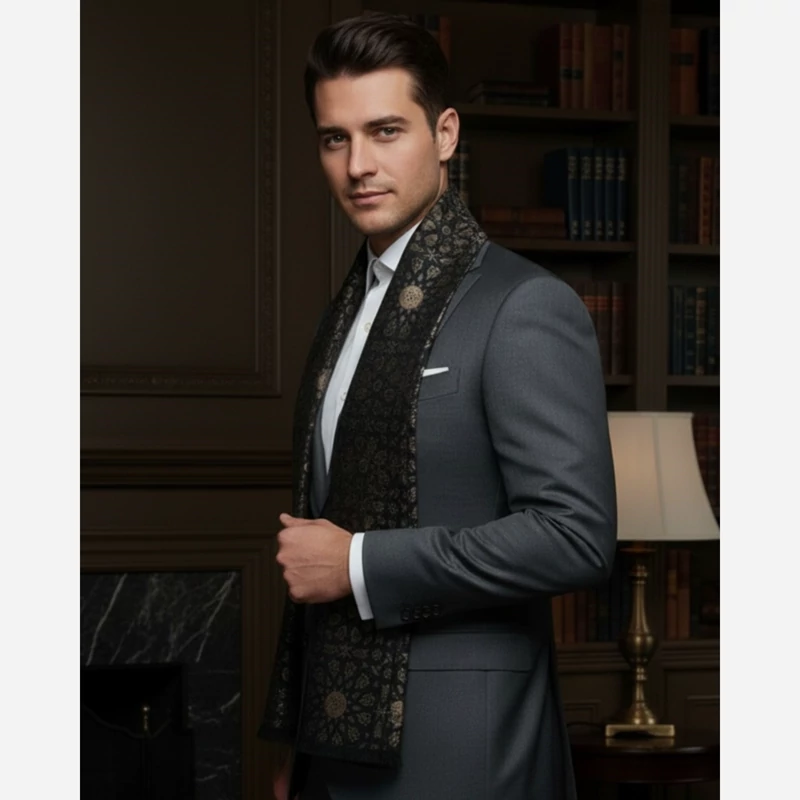 Luxury Men’s Black Eslimi Silk Velvet Scarf – Classic Persian Design for Every Season and Occasion