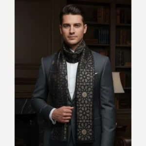 Luxury Men’s Black Eslimi Silk Velvet Scarf – Classic Persian Design for Every Season and Occasion