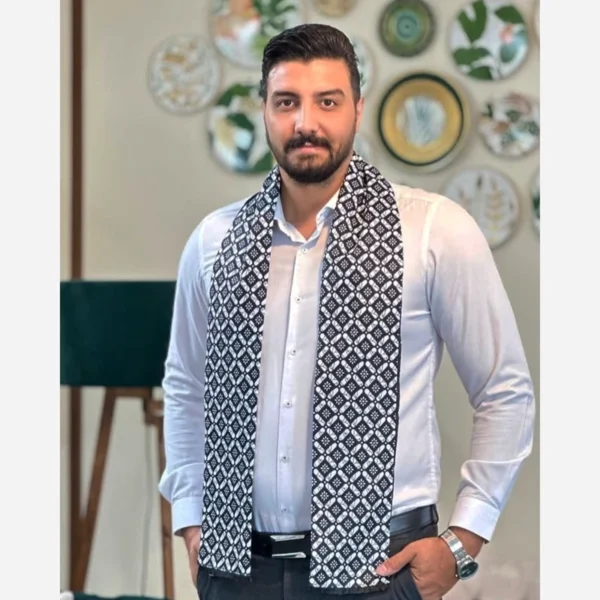 Mens-Black-and-White-Eslimi-Silk-Velvet-Scarf-–-Elegant-Four-Season-Design-with-Traditional-Persian-Motif