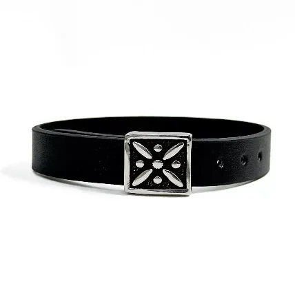 Main image of Men’s Drafsh Kaviani Leather Bracelet – Black and Silver 316 Stainless Steel, Adjustable Buckle
