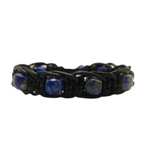 Men’s Lapis Lazuli Bracelet with Cubic Blue Beads, Black Cord Weave, and Adjustable Knot Closure