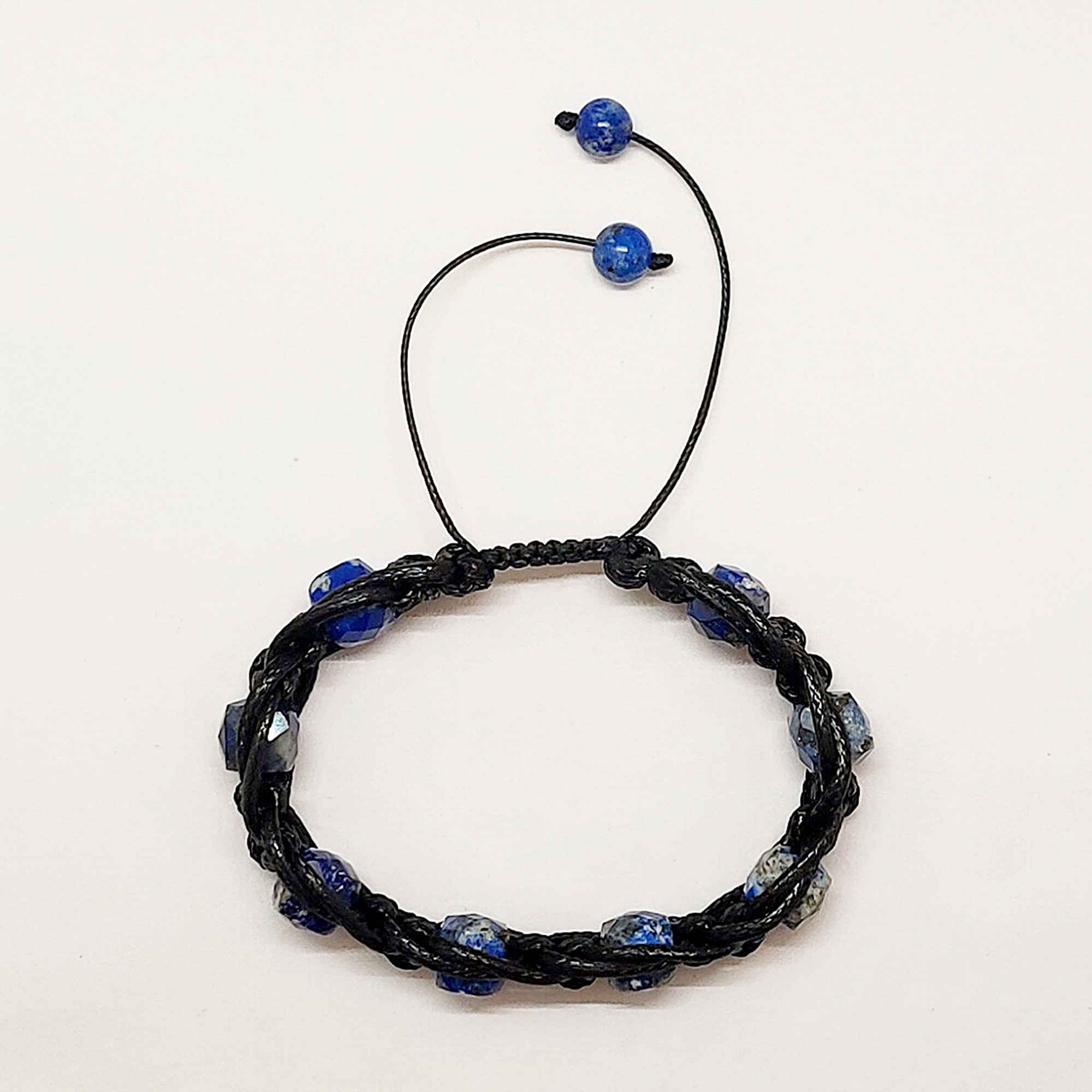 Men’s Lapis Lazuli Bracelet with Cubic Blue Beads, Black Cord Weave, and Adjustable Knot Closure
