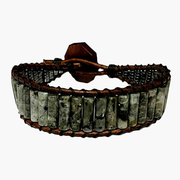 Mens-Larvikite-Bracelet-—-Polished-Larvikite-Cylinder-Beads-on-Genuine-Leather-with-Button-Loop-Closure-5