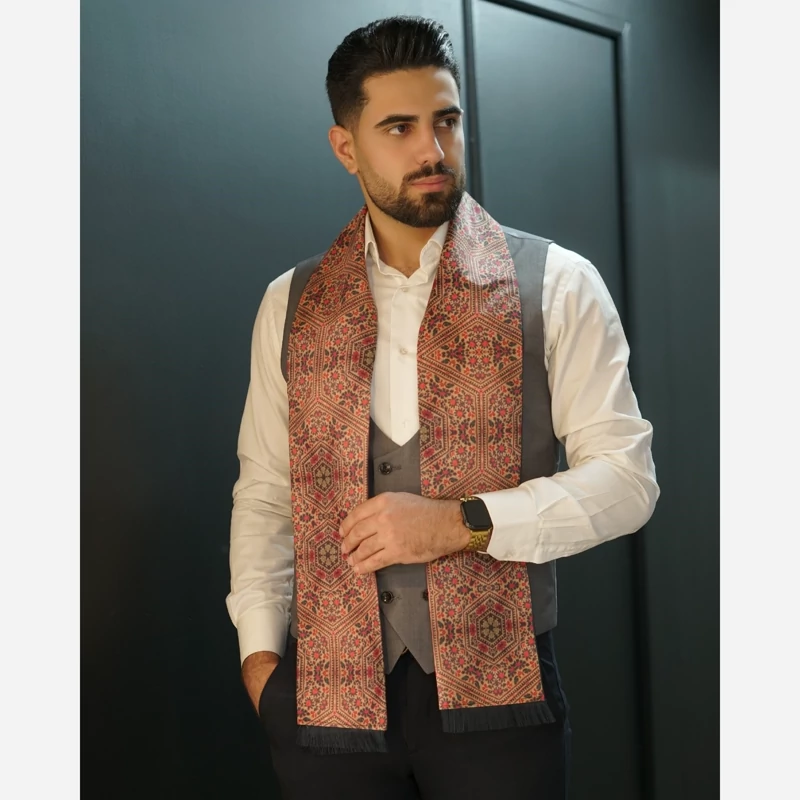Men’s Silk Velvet Scarf with Traditional Persian Geometric Pattern – Elegant Four-Season Design in Rich Colors