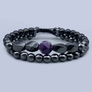 Modern Men’s Two-Layer Bracelet with Polished Hematite Beads, Black Agate Accents & Bold Purple Quartz
