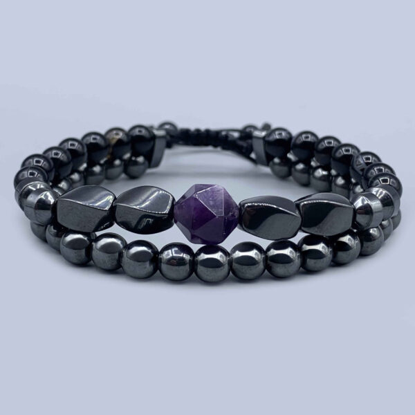 Modern-Mens-Two-Layer-Bracelet-with-Polished-Hematite-Beads-Black-Agate-Accents-Bold-Purple-Quartz