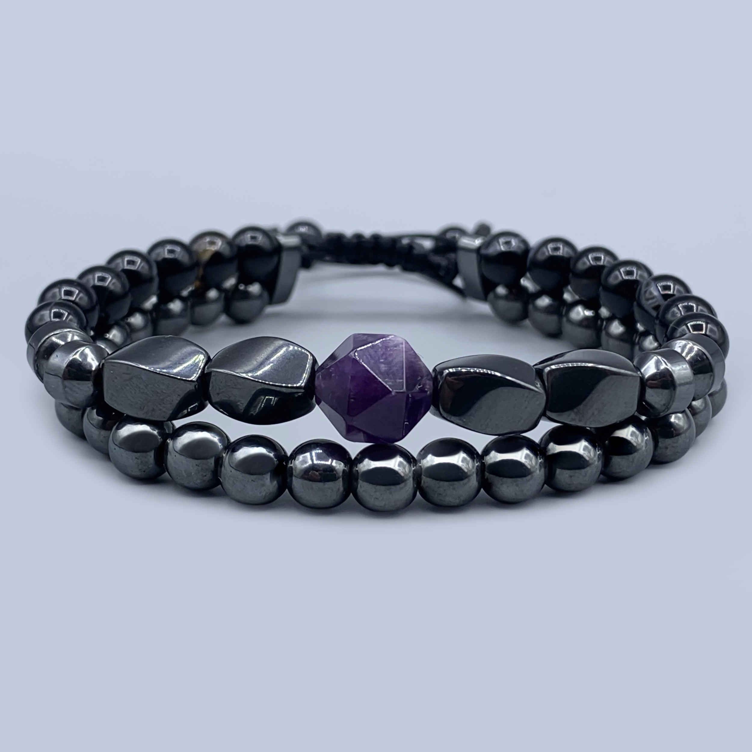Modern Men’s Two-Layer Bracelet with Polished Hematite Beads, Black Agate Accents & Bold Purple Quartz