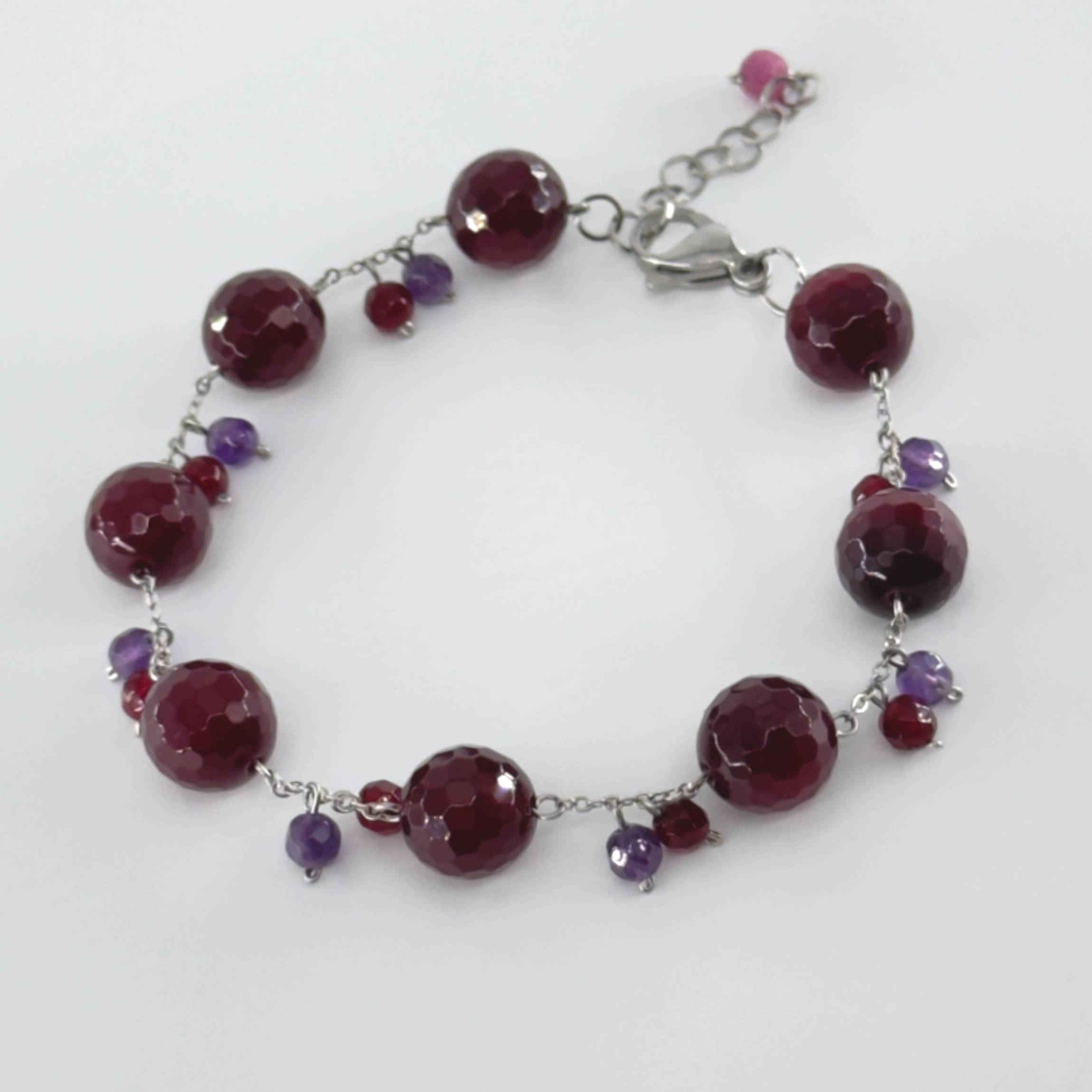 Natural Agate & Amethyst Bracelet for Women — Silver Chain, Polished Beads