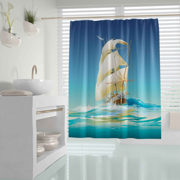 Nautical Ship Pattern Blue Waterproof Shower Curtain for Bathtub & Shower – Includes 12 Hooks (1)