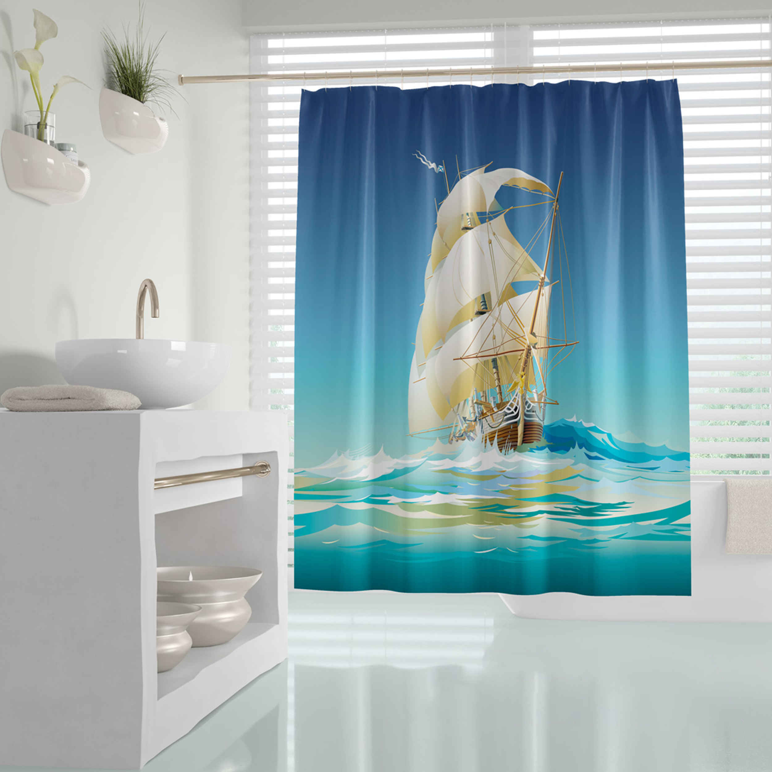 Main image of Nautical Ship Pattern Blue Waterproof Shower Curtain for Bathtub & Shower – Includes 12 Hooks