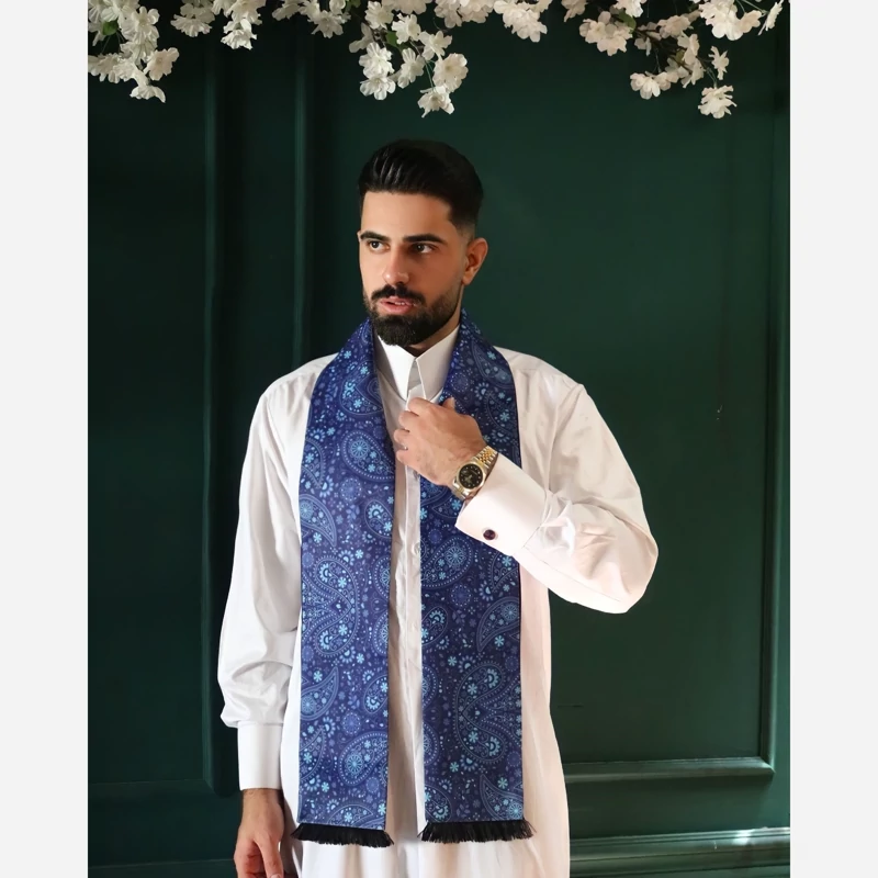 Paisley Silk Velvet Scarf for Men – Elegant Four-Season Design in Navy Blue, Perfect for Ceremonies