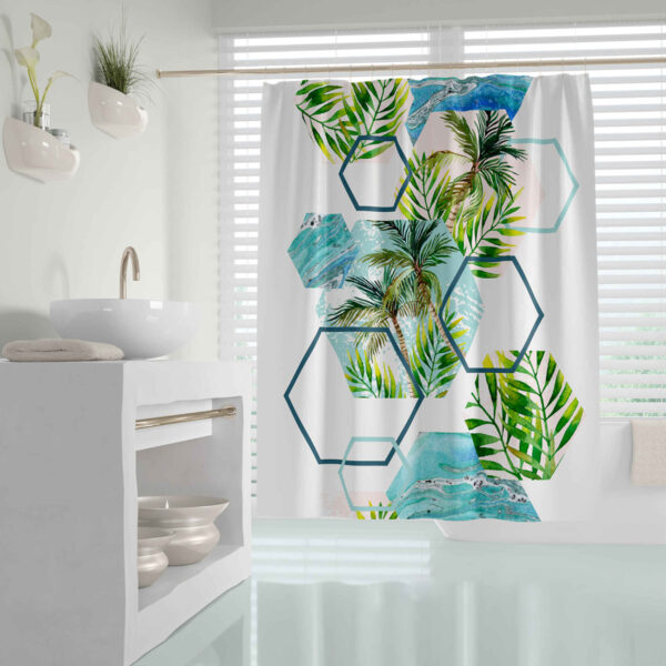 Palm Tree Pattern White Background Waterproof Shower Curtain for Bathtub & Shower – Includes 12 Hooks (2)