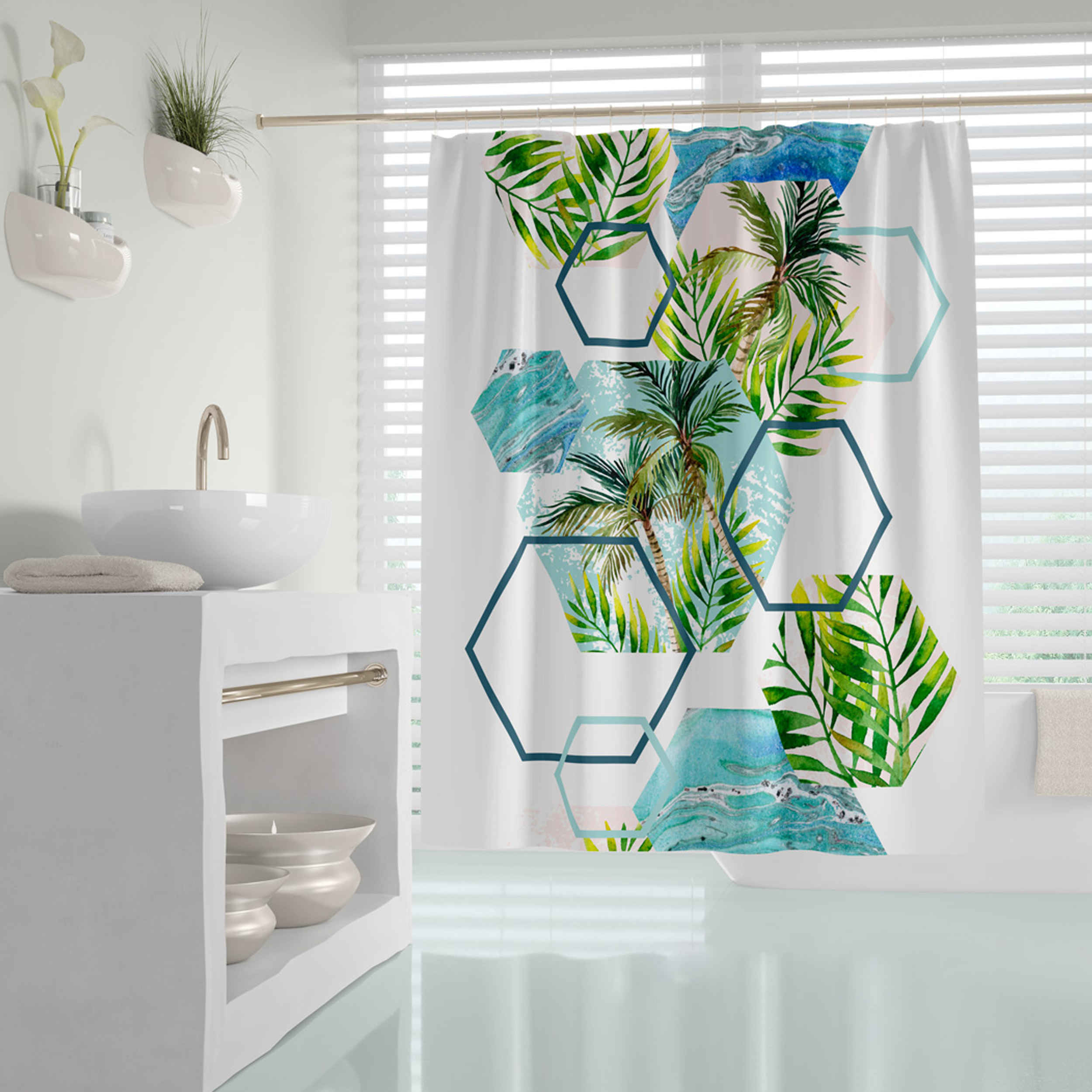 Main image of Palm Tree Pattern White Background Waterproof Shower Curtain for Bathtub & Shower – Includes 12 Hooks