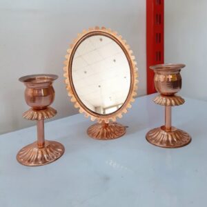 Persian Copper Mirror & Candle Holder Set – 3‑Piece Traditional Haft‑Sin Décor