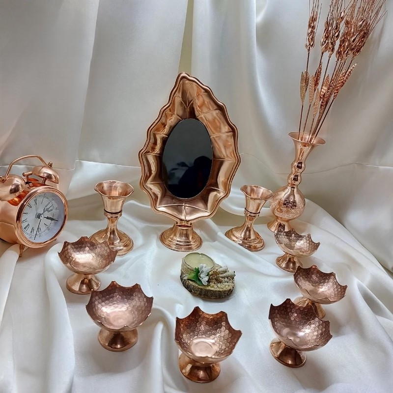 Persian Copper Mirror & Candle Holder Set – Hammered Leaf Design, Nano‑Coated & Color‑Stable
