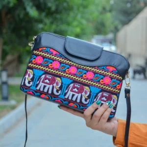 Persian Embroidery Floral & Elephant Leather Shoulder Bag – Chic Velvet Finish for Traditional Outfits