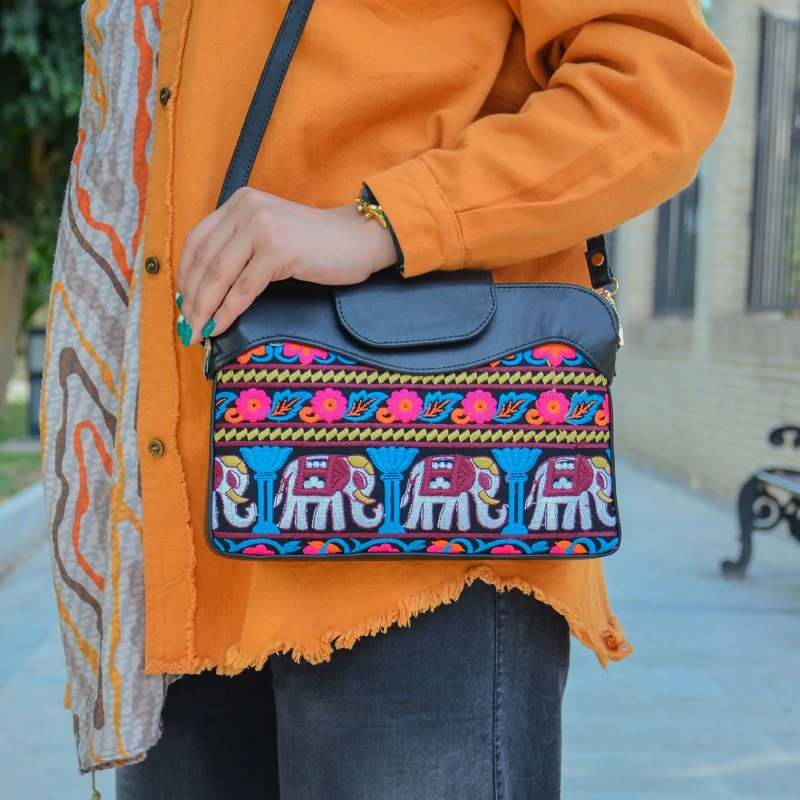 Persian Embroidery Floral & Elephant Leather Shoulder Bag – Chic Velvet Finish for Traditional Outfits