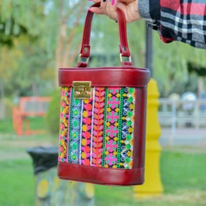 Persian Embroidery Floral Leather Handbag – Elegant Leather & Velvet Design for Festive Occasions