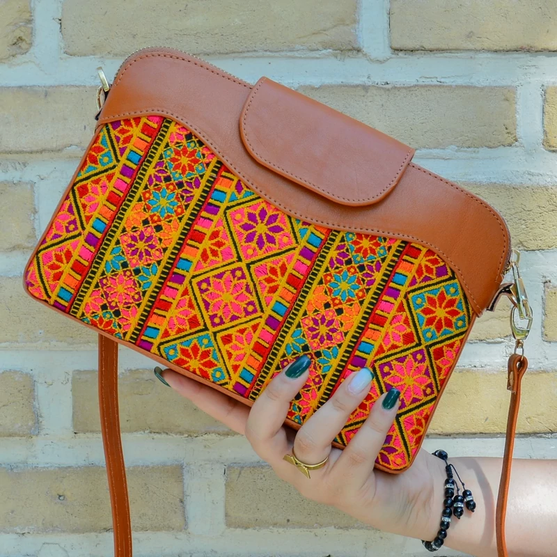 Main image of Persian Embroidery Floral Leather Shoulder Bag – Artistic Velvet Design for Cultural Events