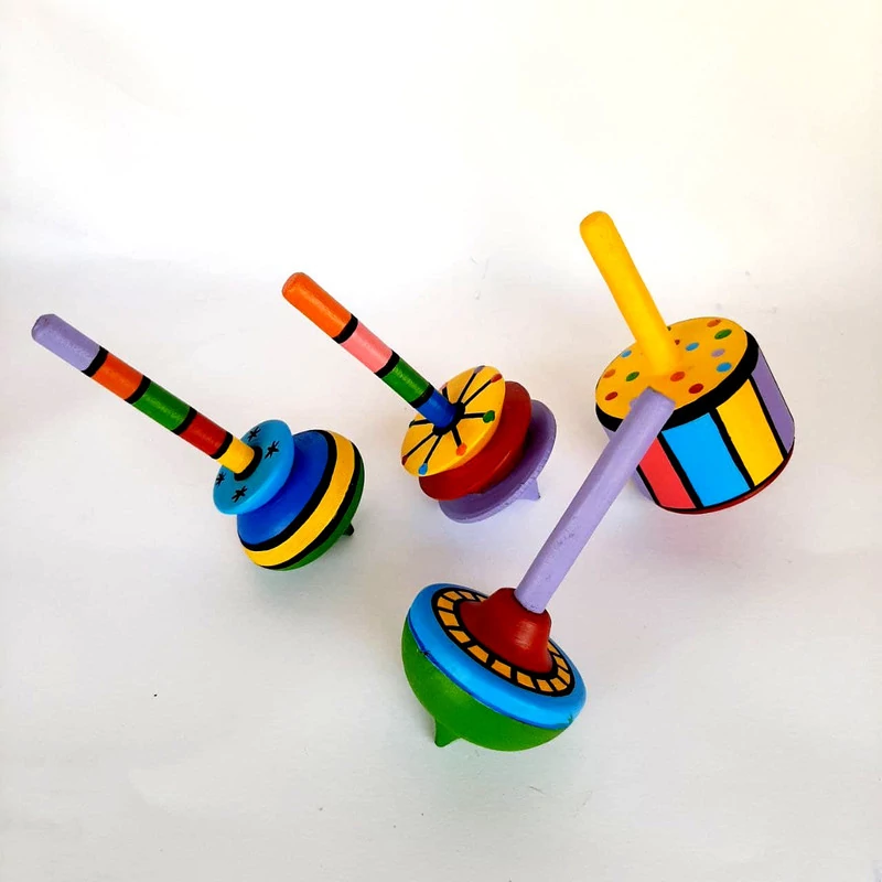 Persian Handcrafted Rainbow Wooden Spinning Tops – Vibrant Set of 4