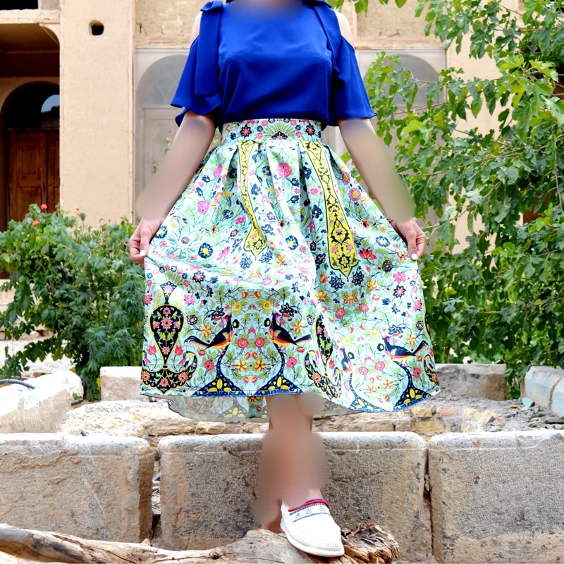 Pleated Persian Skirt in Warm Satin Fabric with Pomegranate and Floral Design