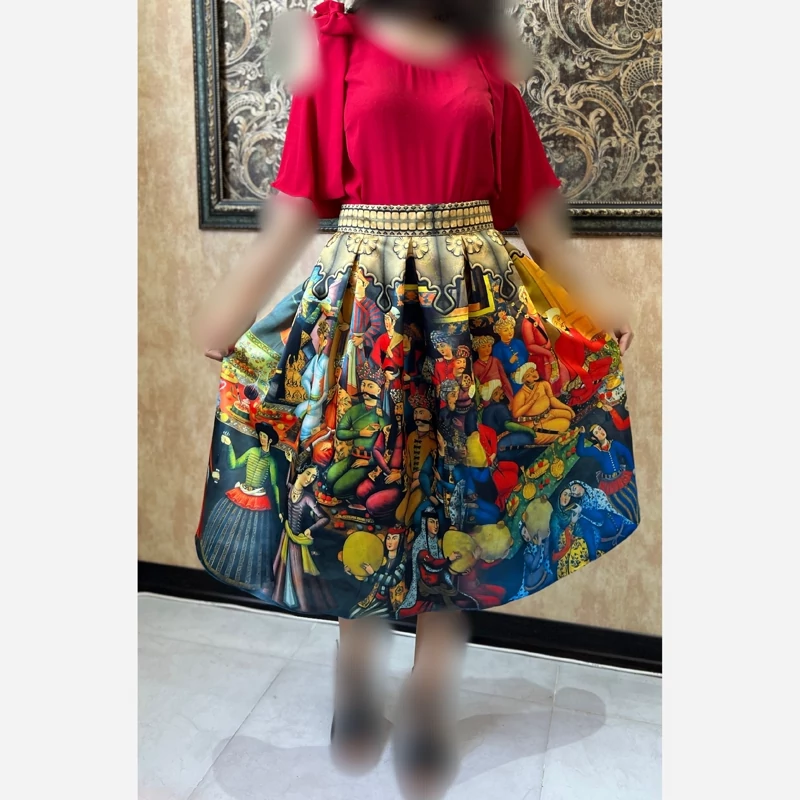 Pleated Midi Satin Skirt with Ancient Persian Painting Motifs and Heritage-Inspired Design