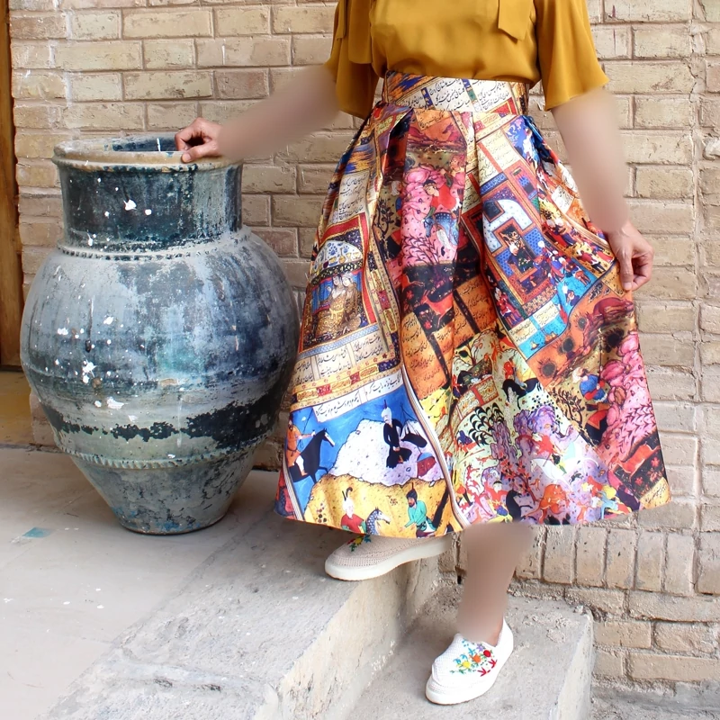 Pleated Midi Satin Skirt with Illustrated Shahnameh Panels and Nastaliq Poetry