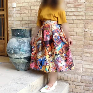 Pleated Midi Satin Skirt with Illustrated Shahnameh Panels and Nastaliq Poetry