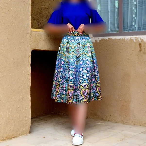 Pleated Midi Satin Skirt with Islamic Architectural Tile Motifs in Multicolor Harmony