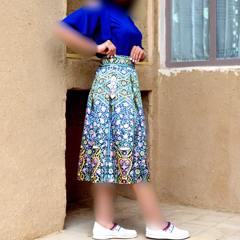 Pleated Midi Satin Skirt with Islamic Architectural Tile Motifs in Multicolor Harmony