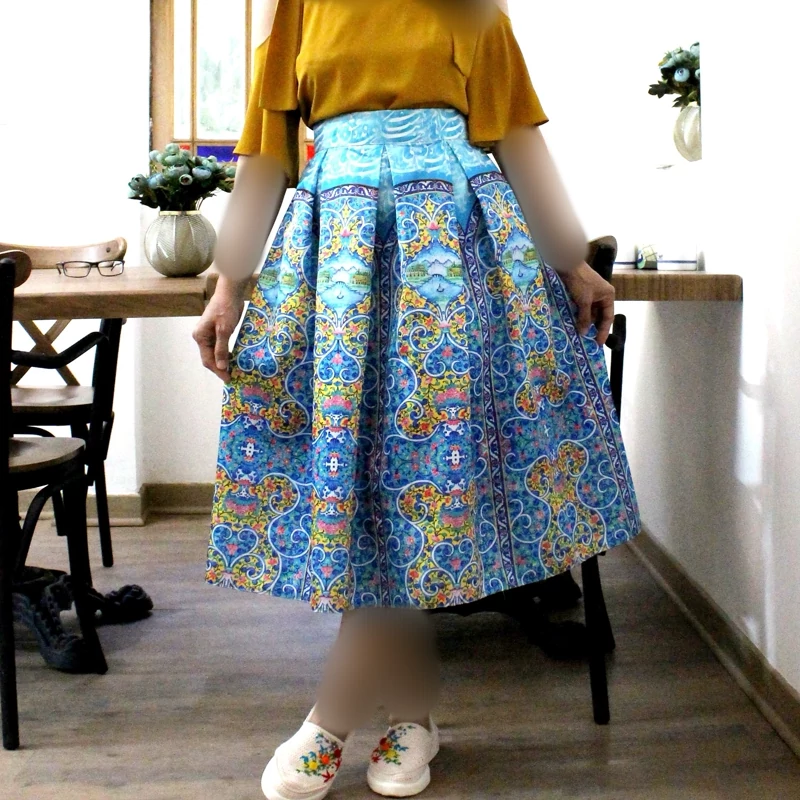 Pleated Midi Satin Skirt with Islamic Mosque Tile Motifs in Blue and Gold