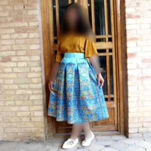 Pleated Midi Satin Skirt with Islamic Mosque Tile Motifs in Blue and Gold