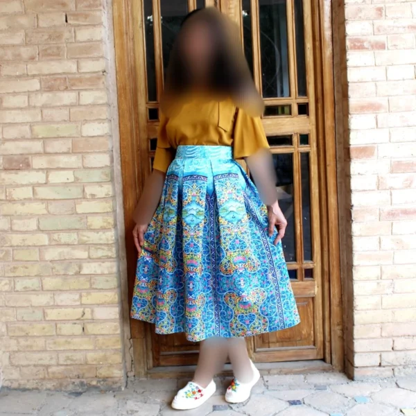 Pleated Midi Satin Skirt with Islamic Mosque Tile Motifs in Blue and Gold