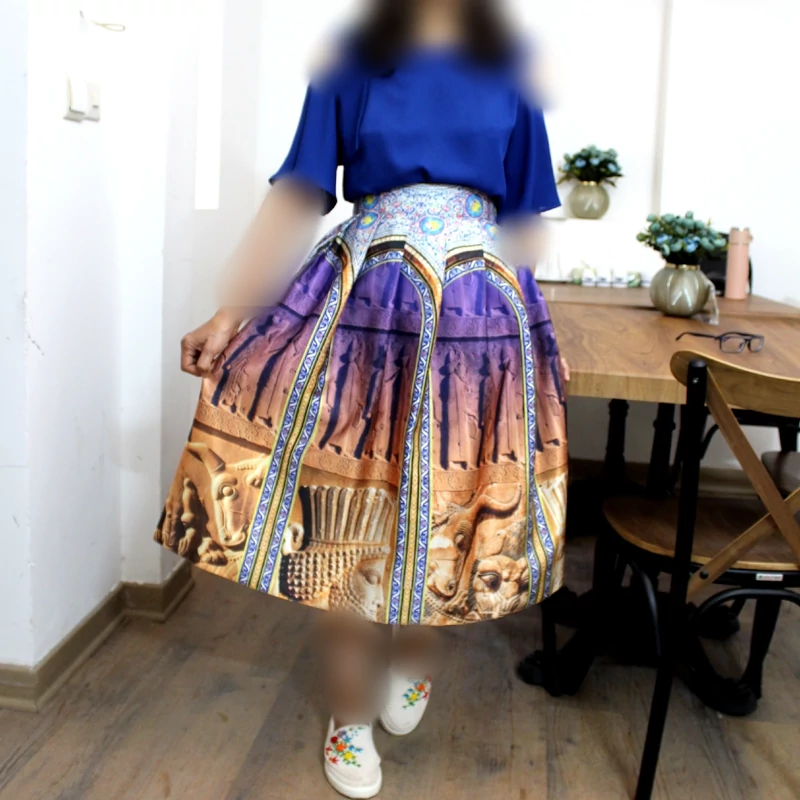 Pleated Midi Satin Skirt with Persepolis-Inspired Motifs and Architectural Band Design