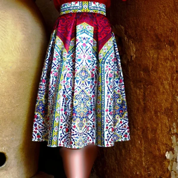 Pleated Midi Satin Skirt with Persian Floral Motifs in Pink and Yellow on White