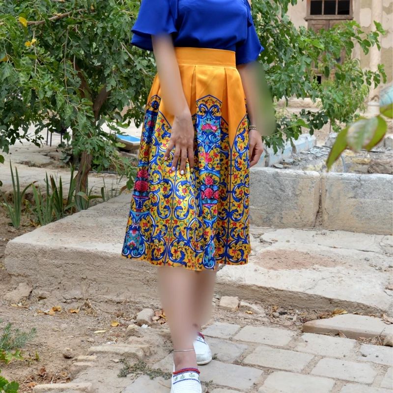 Pleated Midi Satin Skirt with Persian Tile Motifs in Yellow, Pink, and Blue