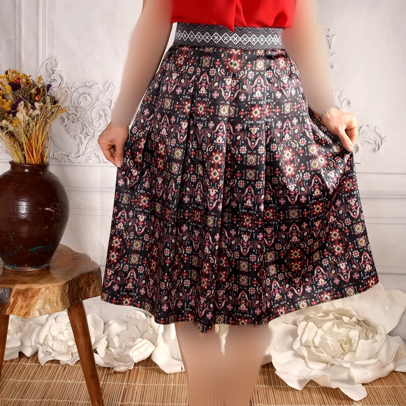 Pleated Midi Satin Skirt with Persian Wall Art Motifs in Warm Earth Tones