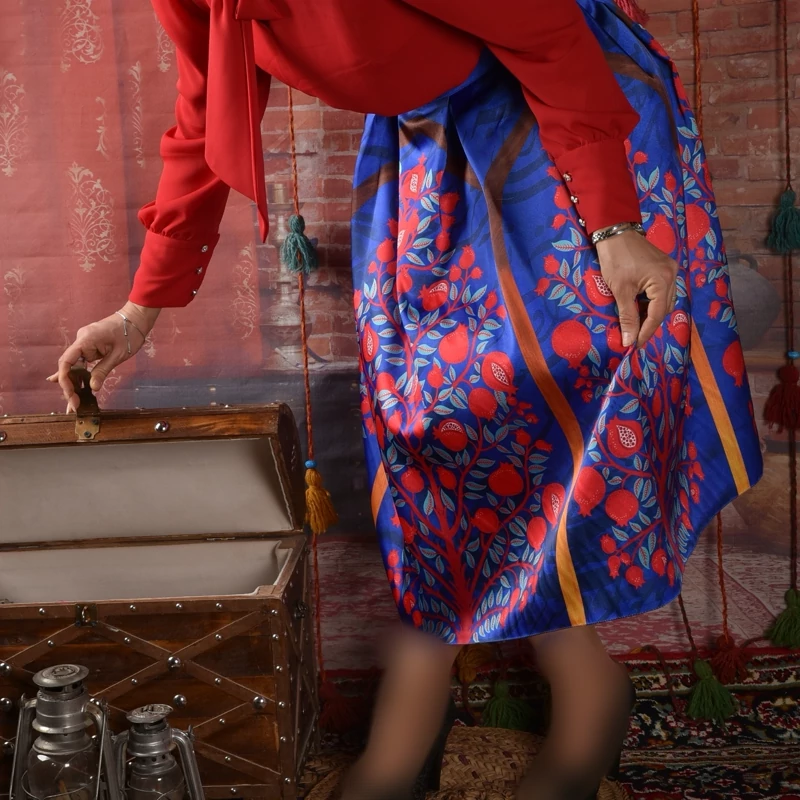 Pleated Midi Satin Skirt with Persian Tile Motifs and Structured Colorblock Design