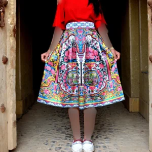 Pleated Midi Satin Skirt with Shirazi Floral Tile Motifs in Pastel Harmony