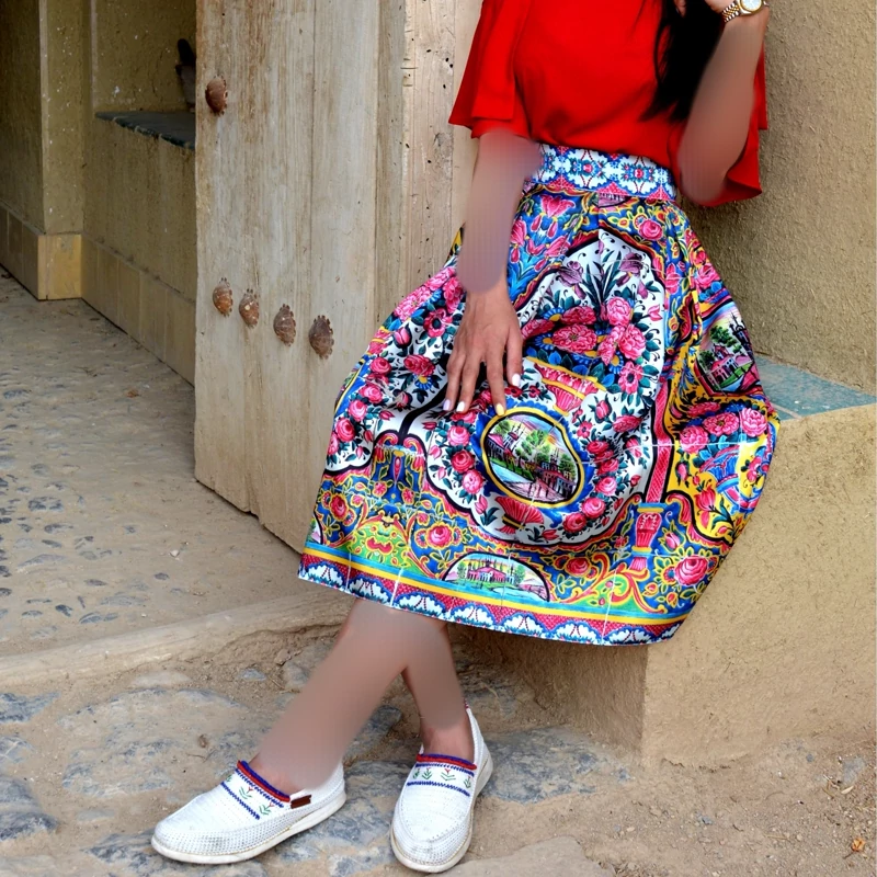 Pleated Midi Satin Skirt with Shirazi Floral Tile Motifs in Pastel Harmony