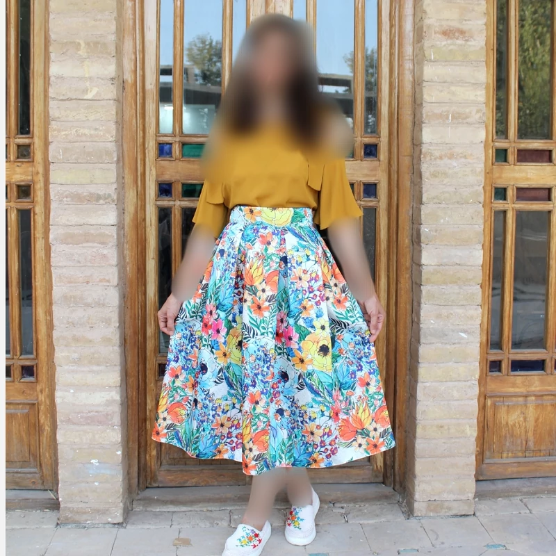 Pleated Satin Skirt with Bold Paper-Style Floral Motifs and Tiered Colorblock Design