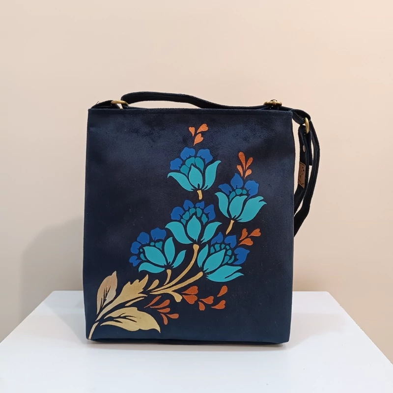 Premium Fabric Shoulder Bag with Elegant Hand-Painted Blue Flowers Design – Adjustable Strap with Two Internal Pockets