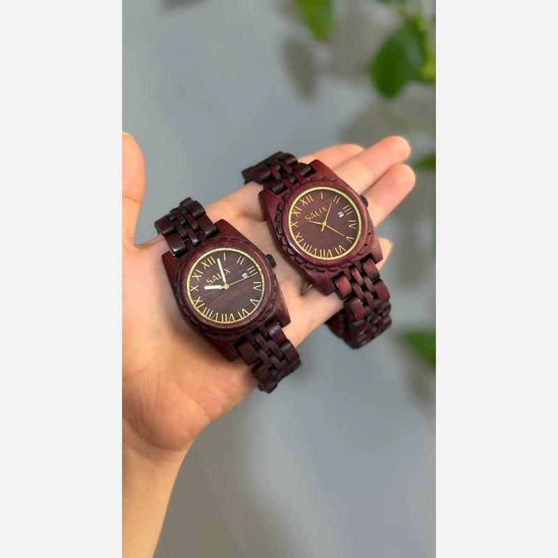 Brazilian Cherry Wood Wristwatch with Roman Numerals, Deep Red-Brown Dial & Natural Grain Band | 36mm Quartz