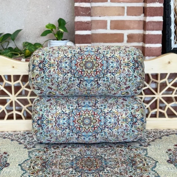 Set of Two Round Termeh “Behesht” Backrest Pillows – Pearly, Traditional Style