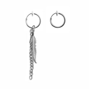 Stainless Steel Asymmetric Hoop Earrings with Feather Charm – Minimal & Decorative Pair