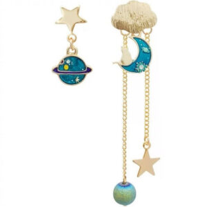 Stainless Steel Blue Celestial Asymmetric Earrings – Planet, Moon & Star Fantasy Dangle Set
