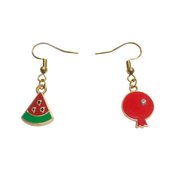 Stainless Steel Watermelon Slice & Pomegranate Charm Earrings – Asymmetric Fruit‑Theme Dangle Pair