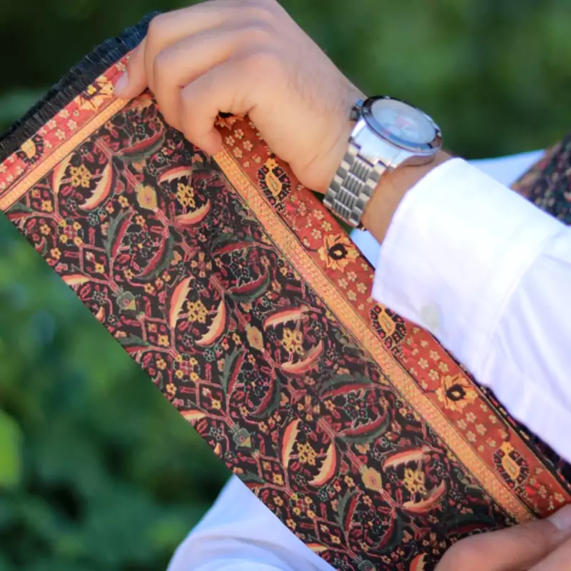 Traditional Persian Silk Velvet Scarf for Men – Four-Season Design with Orange Floral Pattern, Ideal for Ceremonies